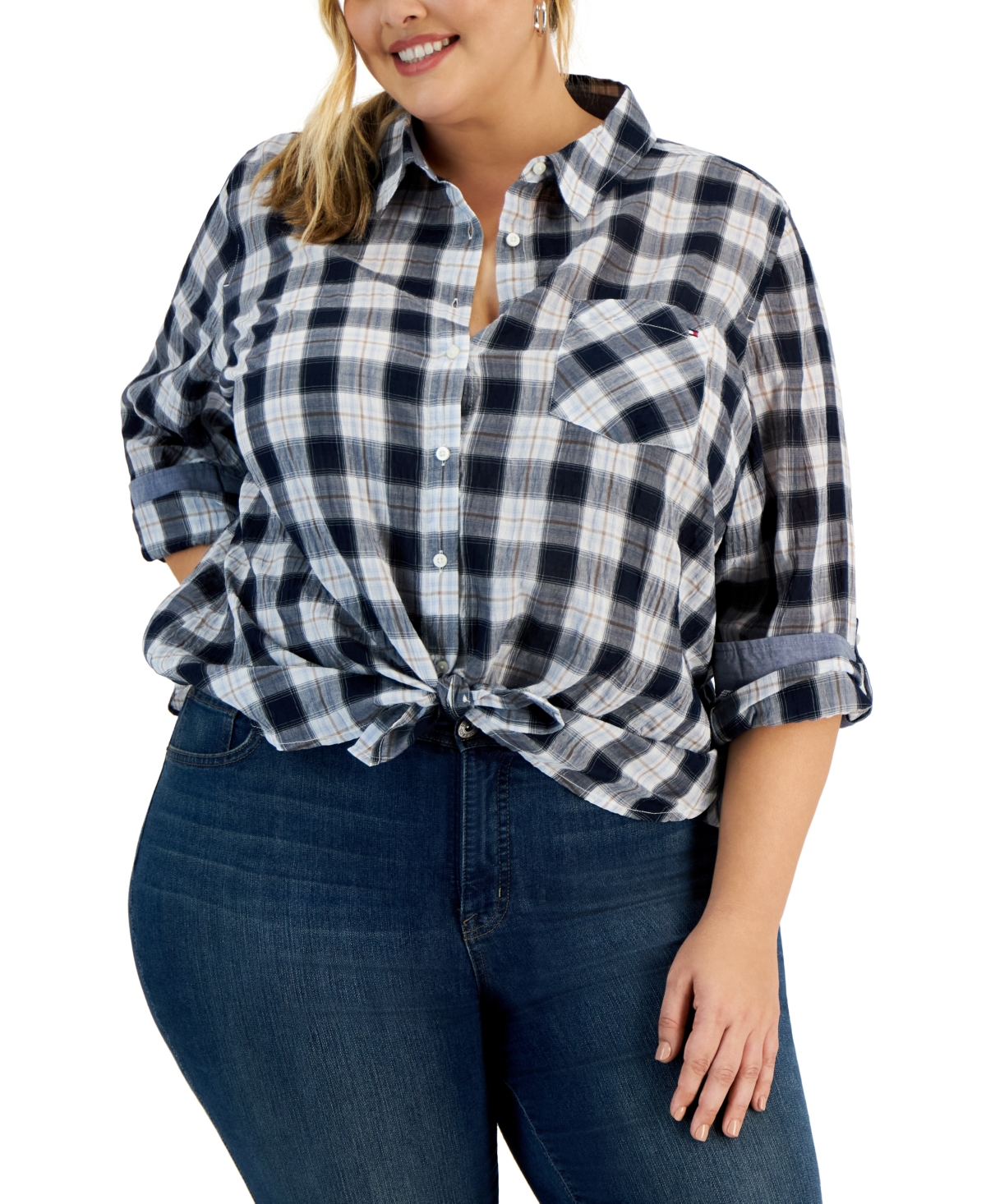 Tommy Hilfiger Plus Size Crinkle Plaid Roll-tab Shirt In Sky Captain Multi