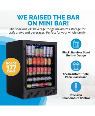 24" Beverage Refrigerator Cooler, 177 Can Black Stainless Steel with Triple-Layer Tempered Glass Door, Built-in Counter or Freestanding Fridge, Compressor Cooling, with Precision Digital Temperature Control
