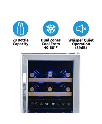 15" Built-in 29 Bottle Dual Zone Compressor Wine Fridge in Stainless Steel, Quiet Operation with Beech Wood Shelves
