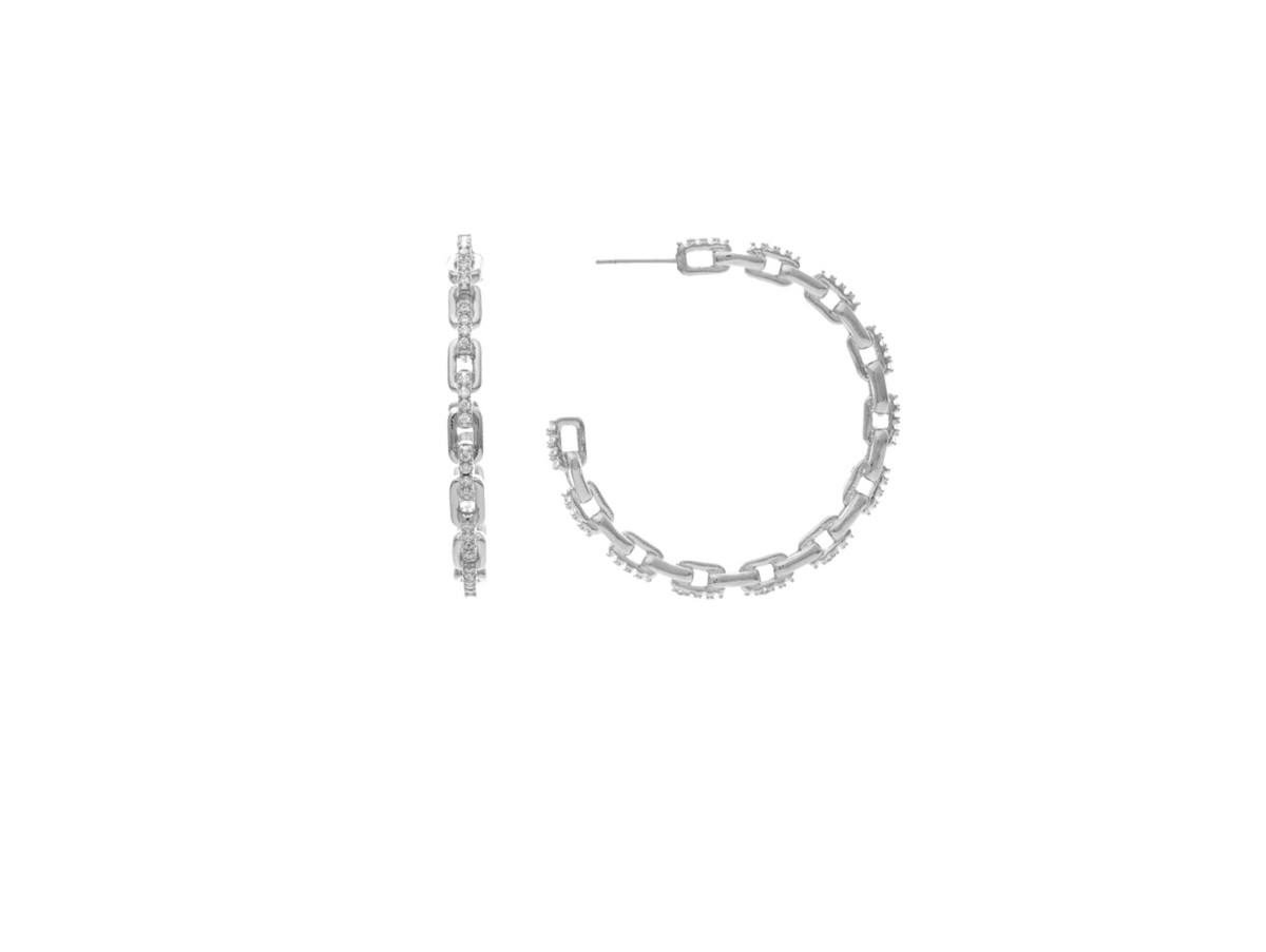 Rhodium Chain + Cubic Zirconia Hoop Earrings - Silver