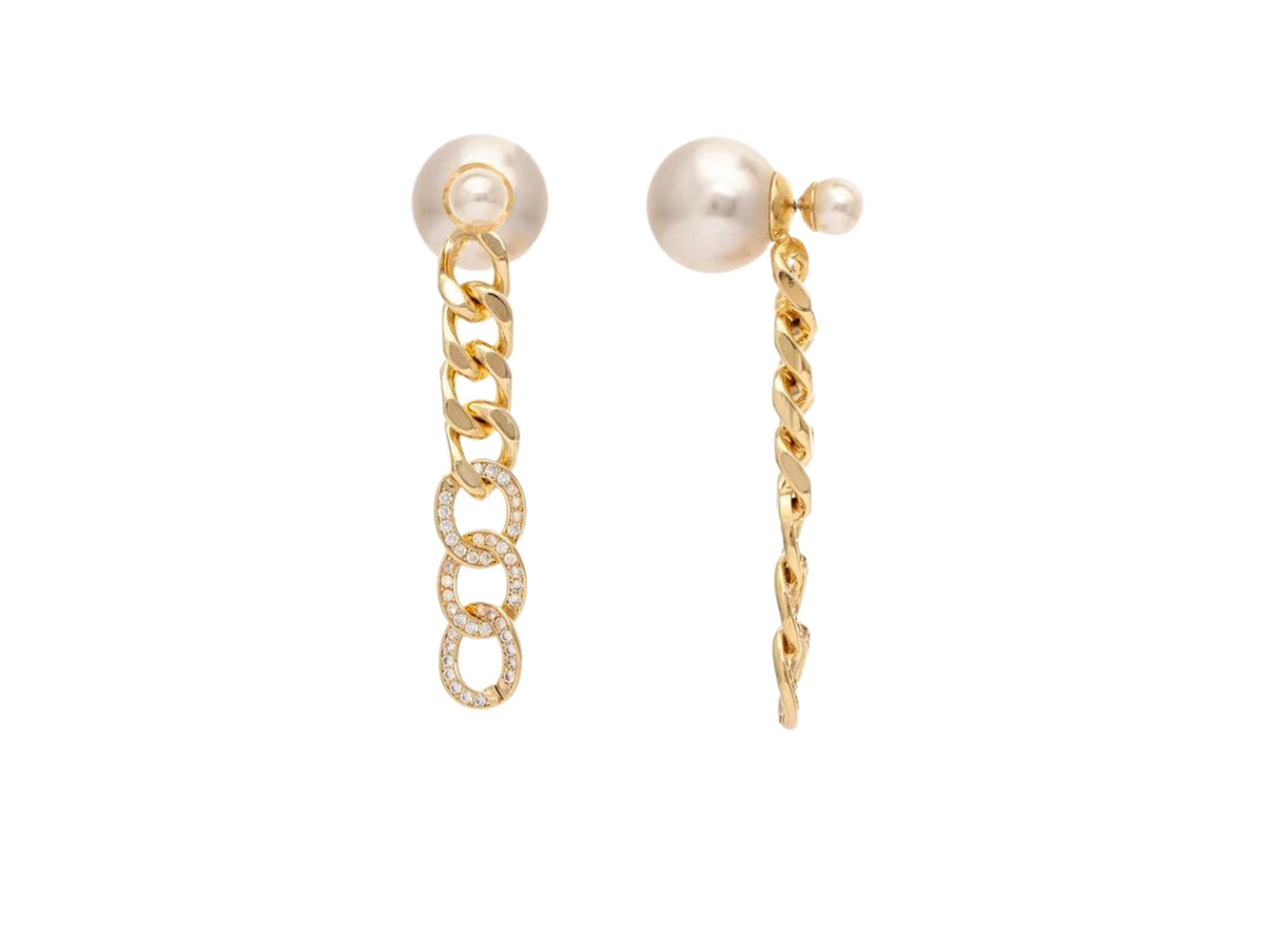 Pearl Front-Back + Cubic Zirconia Chain Dangle Earrings - Gold with white pearl