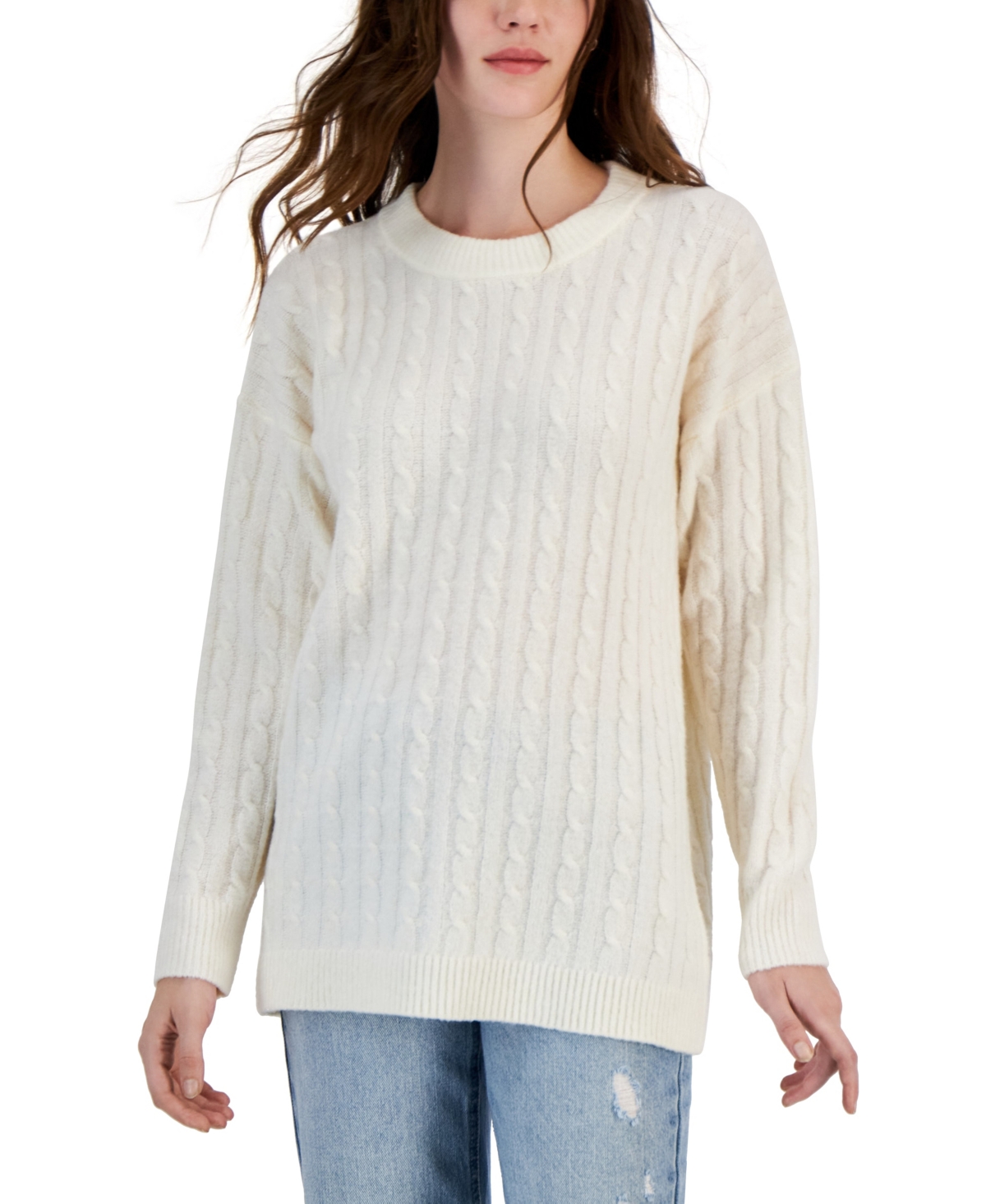 Hippie Rose Juniors' Cable-knit Crewneck Tunic Sweater In Blizzard White