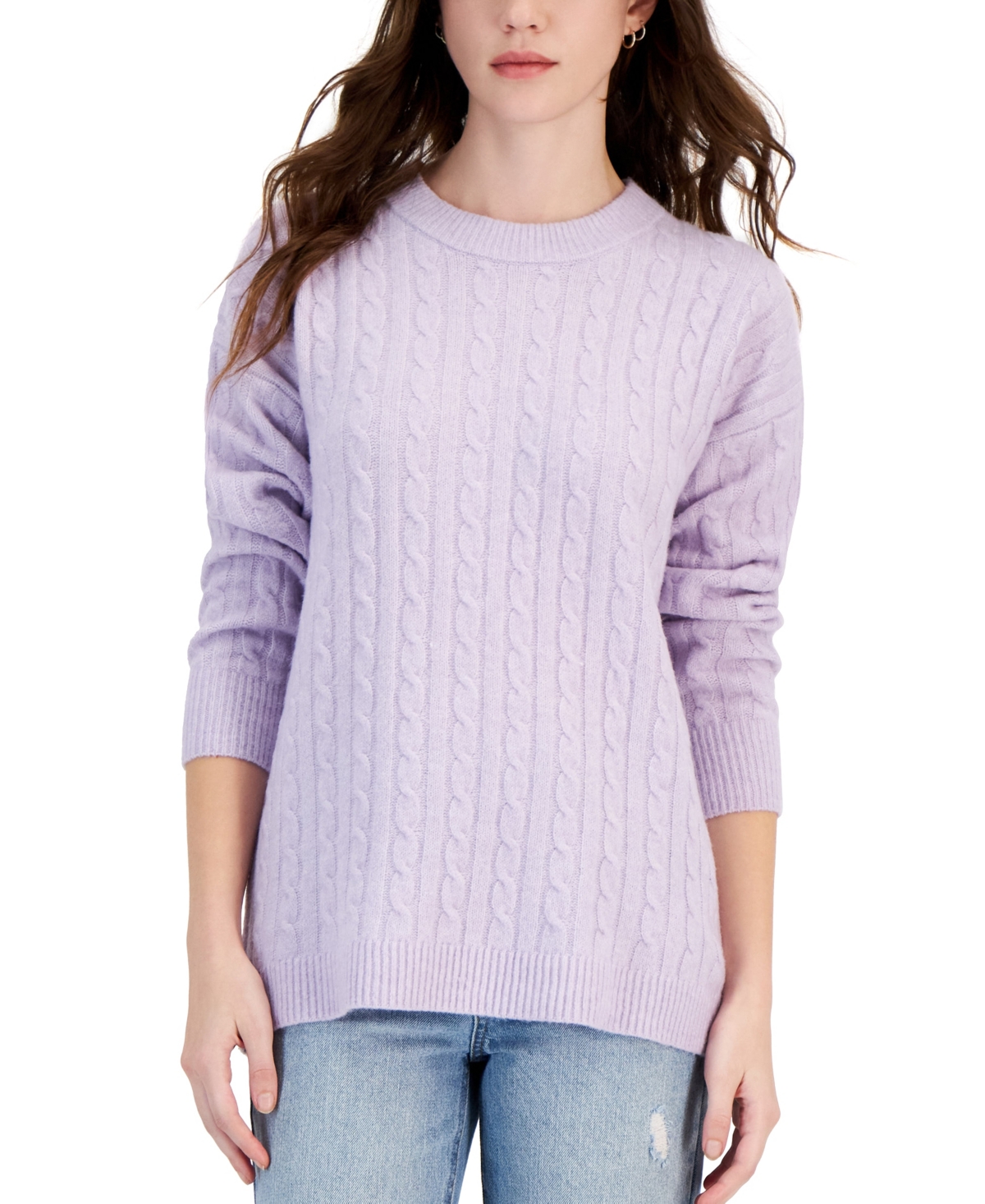 Hippie Rose Juniors' Cable-knit Crewneck Tunic Sweater In Lavender Haze