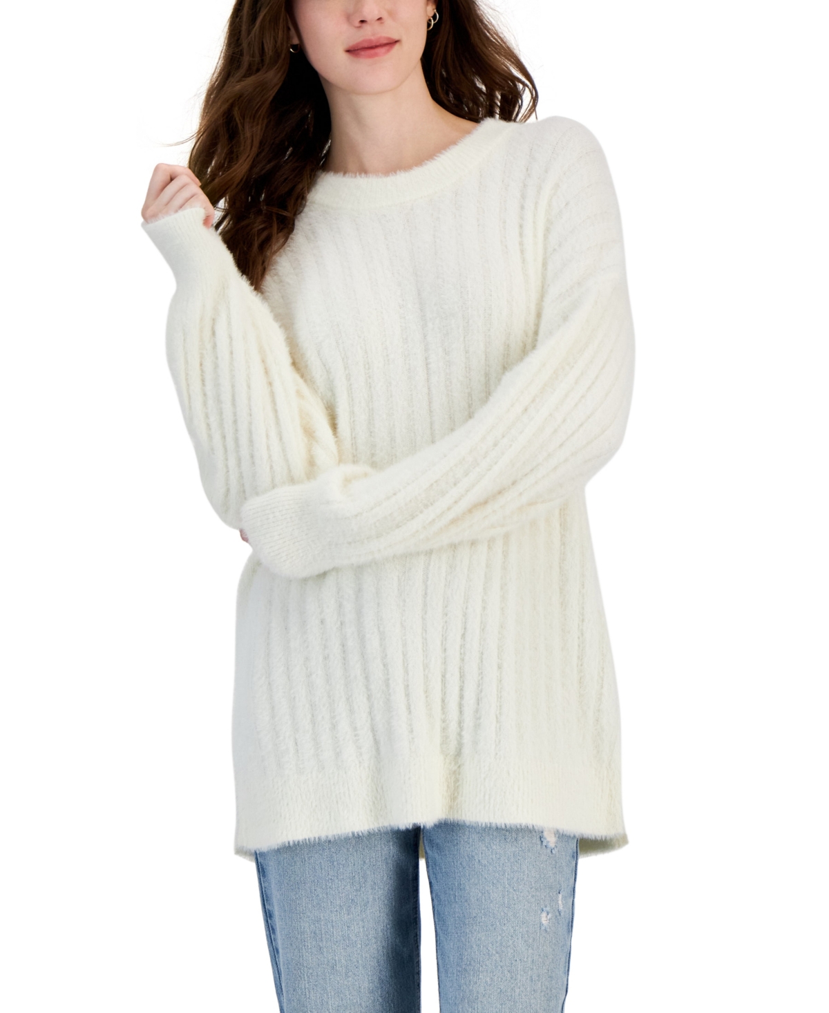 Hippie Rose Juniors' Ribbed-knit Eyelash Tunic Sweater In Blizzzard White