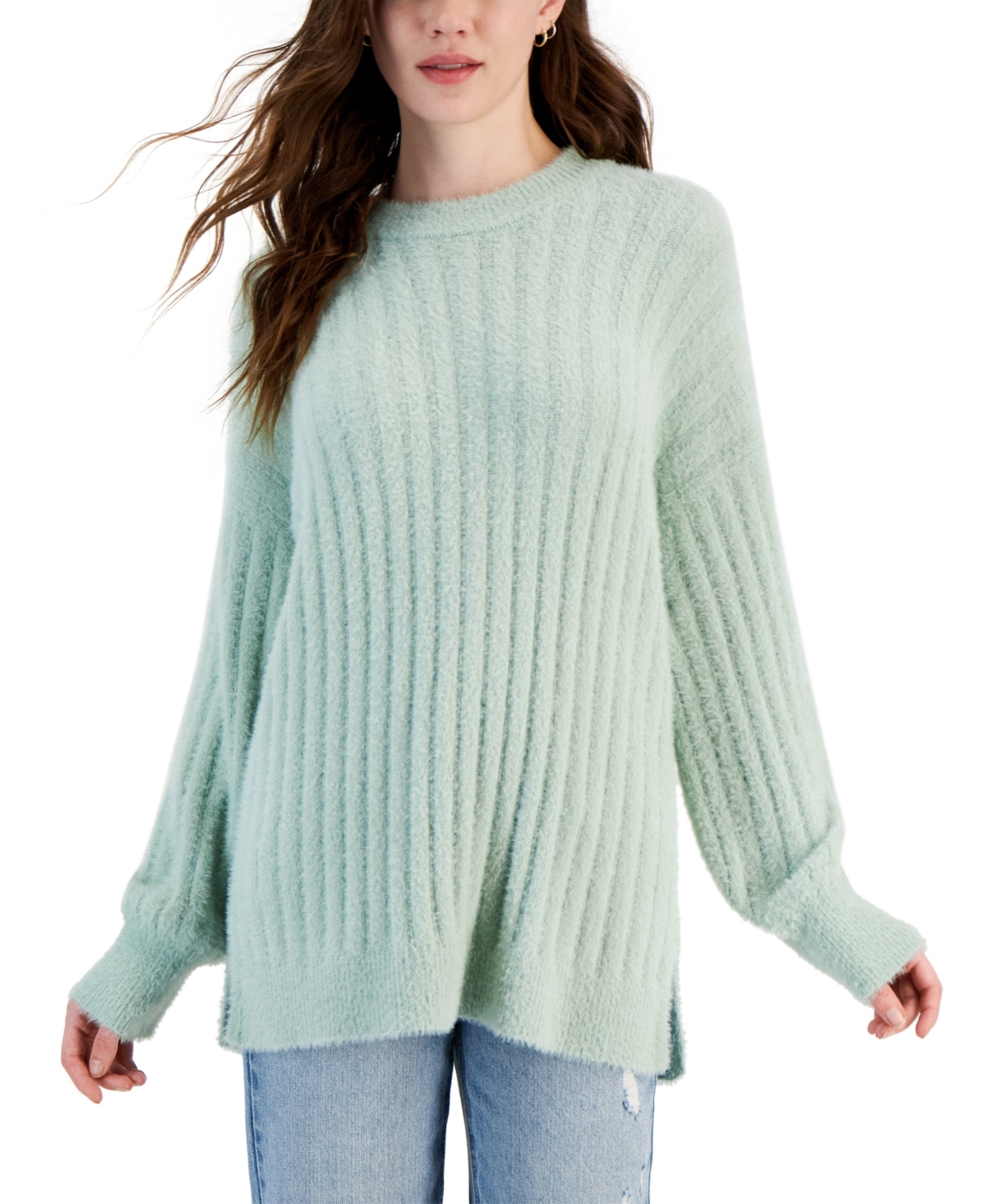 Hippie Rose Juniors' Ribbed-knit Eyelash Tunic Sweater In Neptune Green