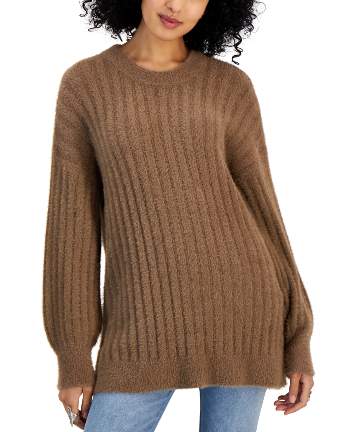 Hippie Rose Juniors' Ribbed-knit Eyelash Tunic Sweater In Coco Ash