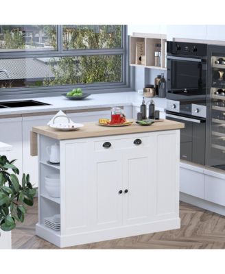 47" Fluted-Style Wooden Kitchen Island, Kitchen Countertop Storage Cabinet with Drop Leaf, Drawer, Open Shelves, Storage, White