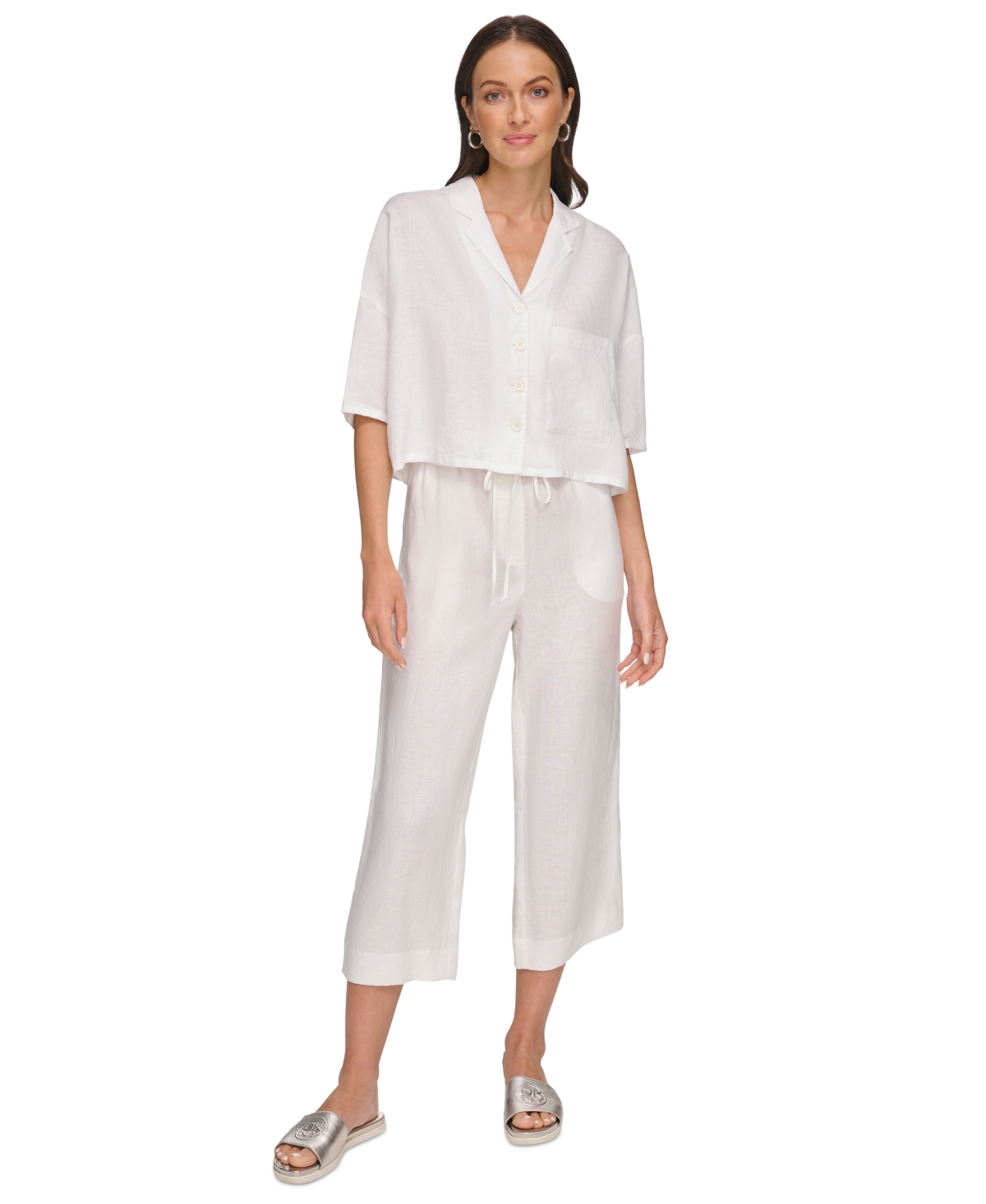 Shop Dkny Women's Button-front Dolman-sleeve Linen Top In White