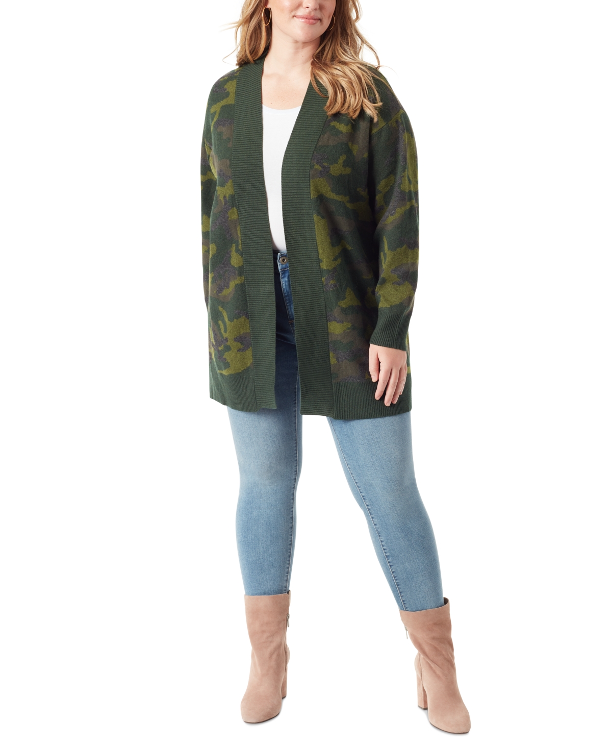 Jessica Simpson Trendy Plus Size Printed Open-front Cardigan In Olive Night Camouflage