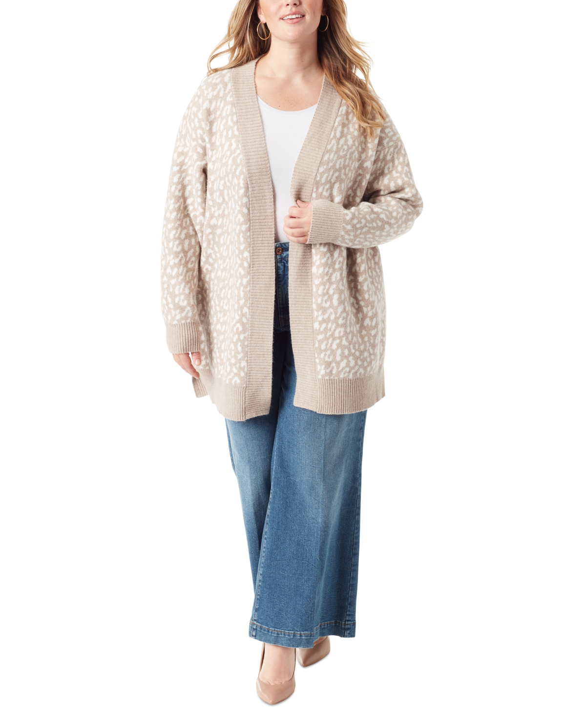Jessica Simpson Trendy Plus Size Printed Open-front Cardigan In Stucco Scattered Leopard