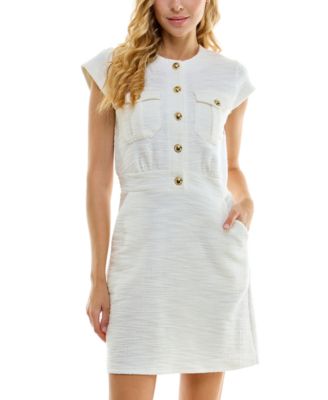 City Studios - Women's Boucl&eacute; Button-Front Cap-Sleeve Dress
