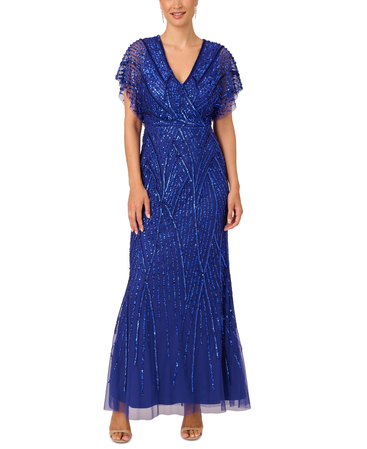 Adrianna Papell Women's Embellished Flutter-sleeve Gown In Ultra Blue