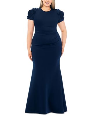 XSCAPE - Plus Size 3D-Flower Short-Sleeve Side-Pleated Gown