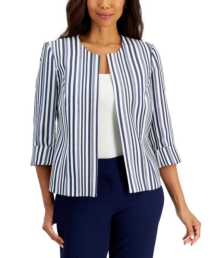 Kasper Women's Striped Cuffed-Sleeve Open-Front Jacket - Macy's
