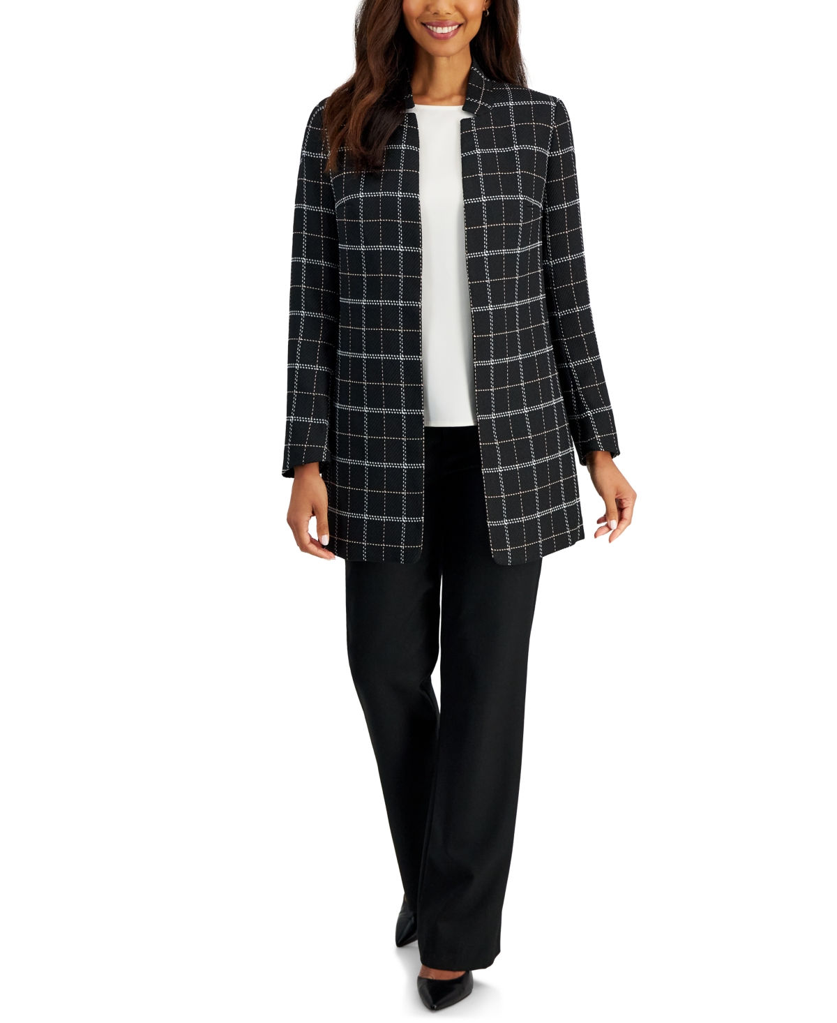 Kasper Women's Star-collar Windowpane-pattern Open-front Jacket In Black Multi