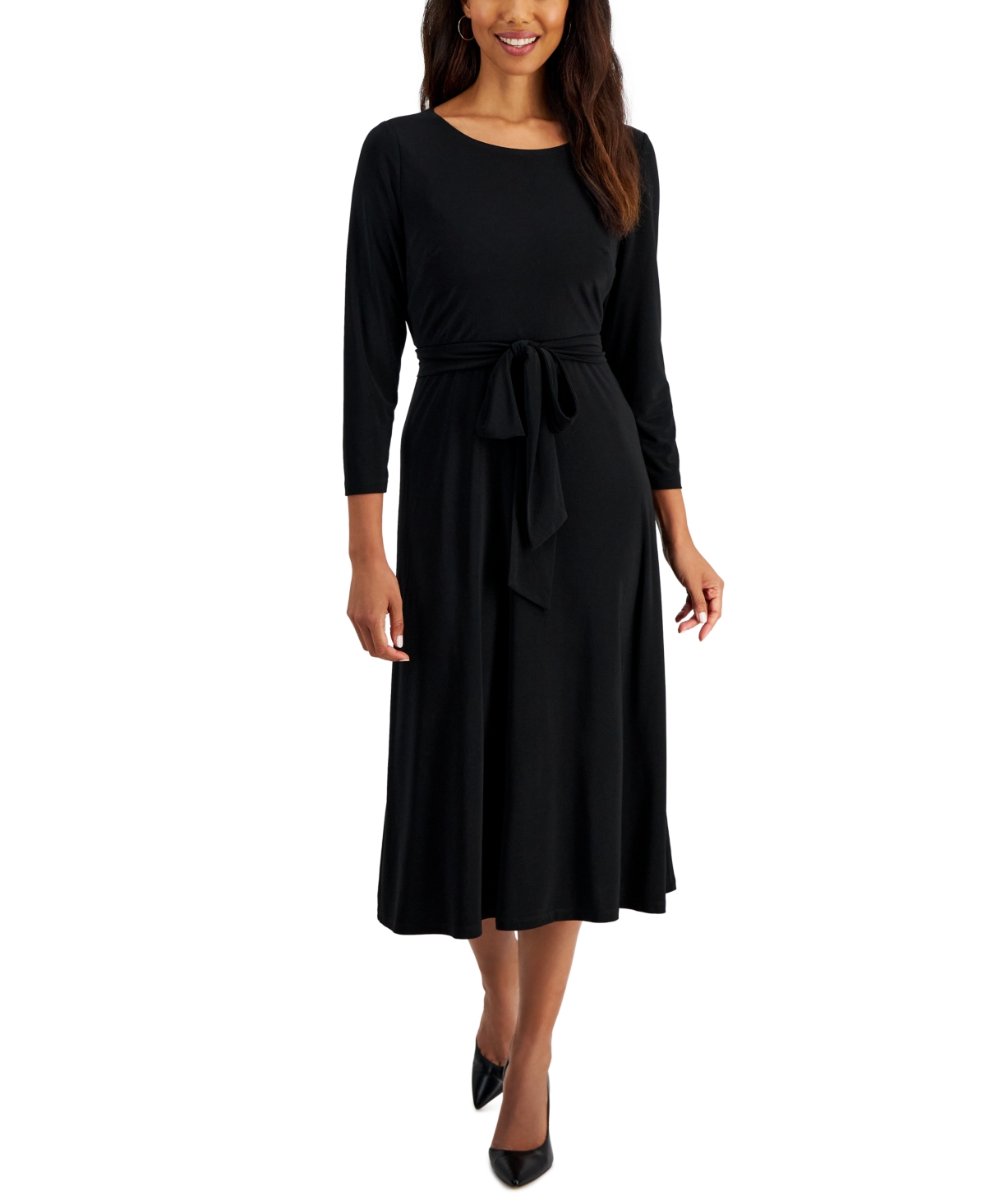 Kasper Petite Belted 3/4-sleeve Knit Midi Dress In Black