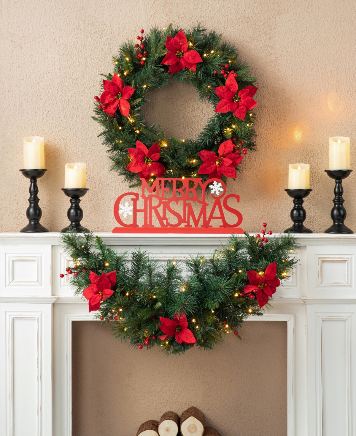Glitzhome Pre-Lit Greenery Pine Poinsettia and Red Berries Christmas Swag with 50 Warm White Lights and Timer