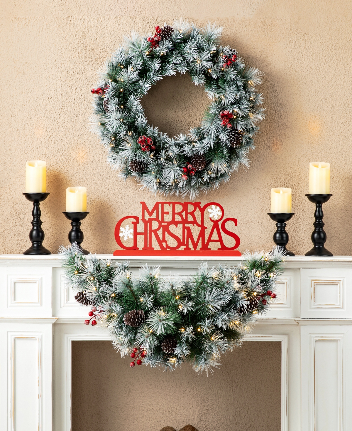 Glitzhome Pre-Lit Pinecones and Red Berries Artificial Christmas Swag with 50 Warm White Lights and Timer