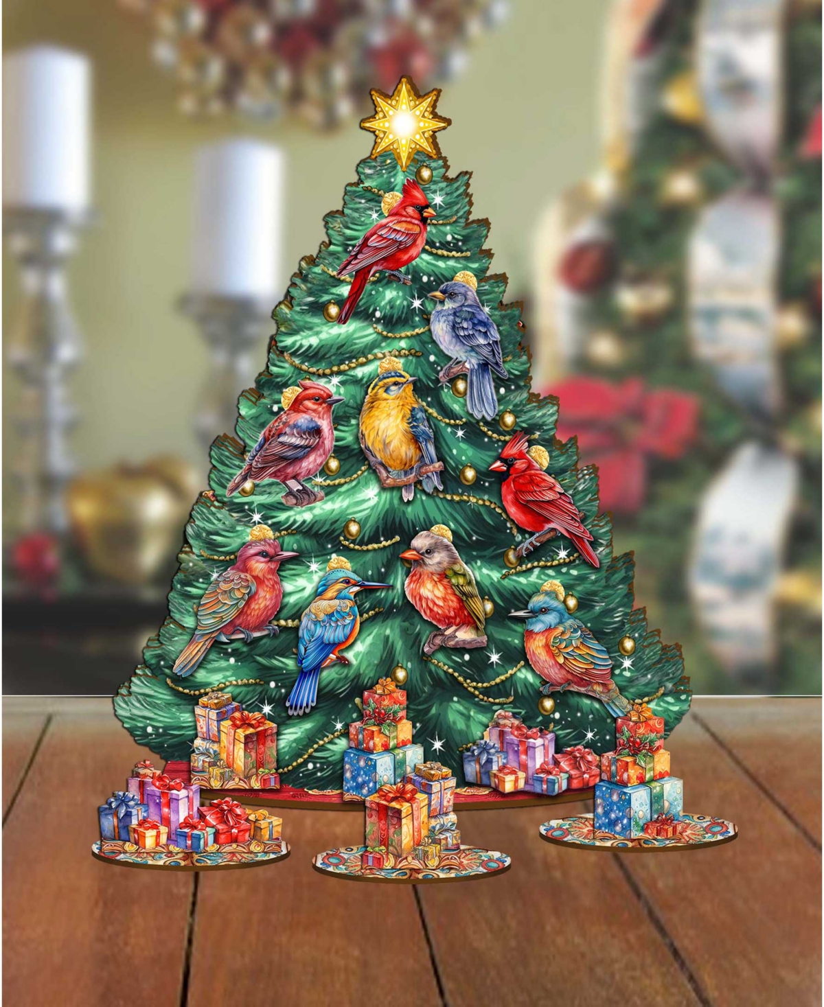 Shop Designocracy Christmas Birds Themed Wooden Christmas Tree With Ornaments Set Of 13 G. Debrekht In Multi Color