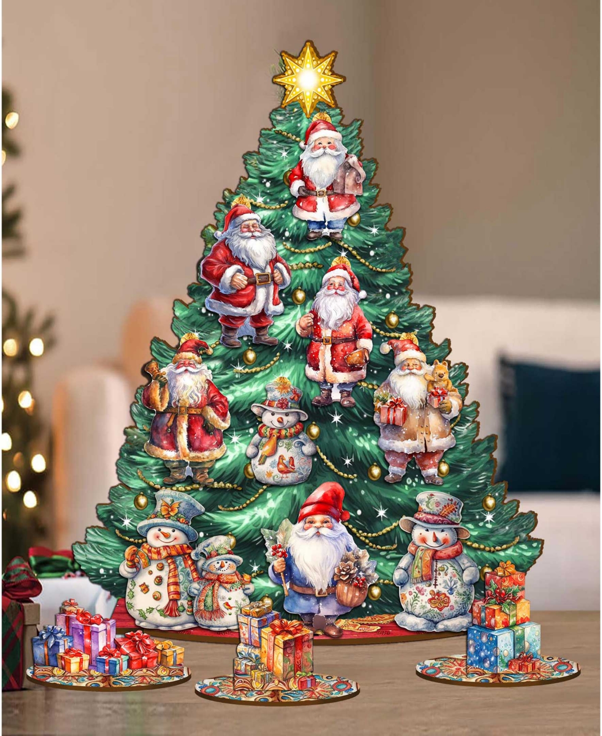 Shop Designocracy Santa Clause Themed Wooden Christmas Tree With Ornaments Set Of 13 G. Debrekht In Multi Color