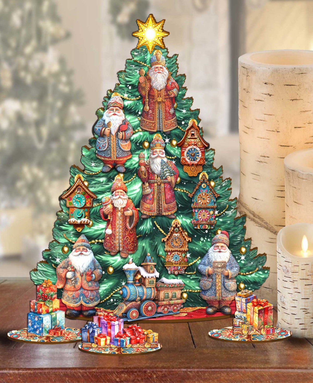 Designocracy Santa Christmas Arrival Themed Wooden Christmas Tree With Ornaments Set Of 13 G. Debrekht In Multi Color