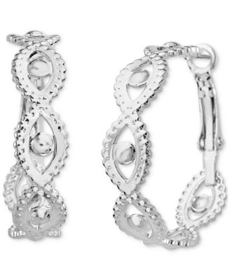 Silver-Tone Textured Marquise Shape Medium Hoop Earrings, 1.2"