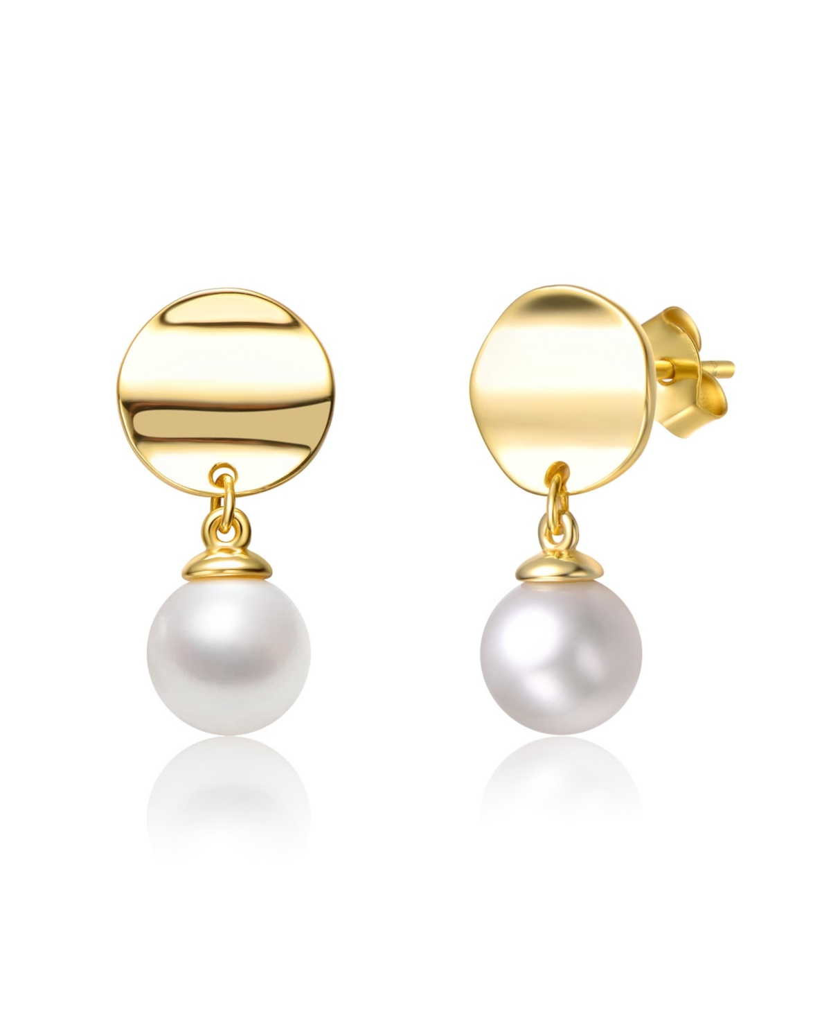 GENEVIVE STERLING SILVER & 14K GOLD-PLATED WHITE FRESHWATER PEARL DOUBLE DROP EARRINGS WITH GOLD MEDALLION CO