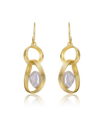 Sterling Silver 14k Yellow Gold Plated with Baroque White Freshwater Pearl Double Drop Half-Hoop Dangle Earrings