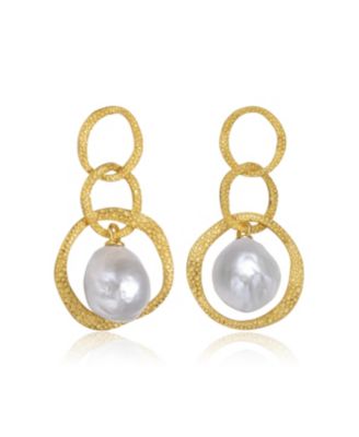 Sterling Silver 14K Gold Plated with Genuine Freshwater Drop Pearl Modern Earrings