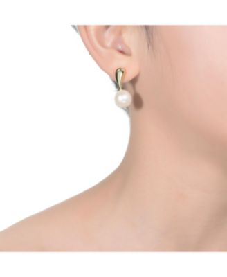 Sterling Silver 14K Gold Plated with Genuine Freshwater Round Pearl Stud Earrings