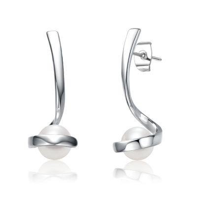 Sterling Silver with Freshwater White Pearl Ribbon Swirl Dangle Drop Earrings