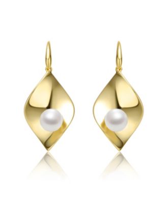 Sterling Silver 14k Yellow Gold Plated with White Freshwater Pearl Lily Pad Dangle Drop Wire Earrings