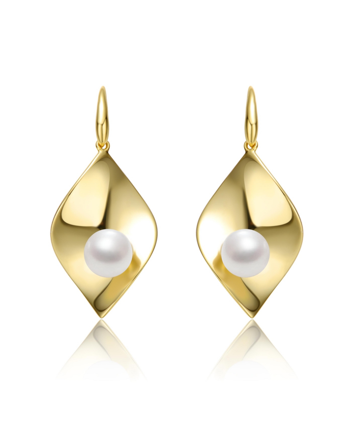 Genevive Sterling Silver 14k YellowPlated with White Freshwater Pearl Lily Pad Dangle Drop Wire Earrings - Gold