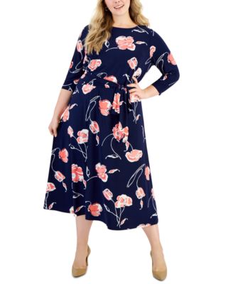 Kasper - Plus Size Floral-Print Fit & Flare Midi Dress