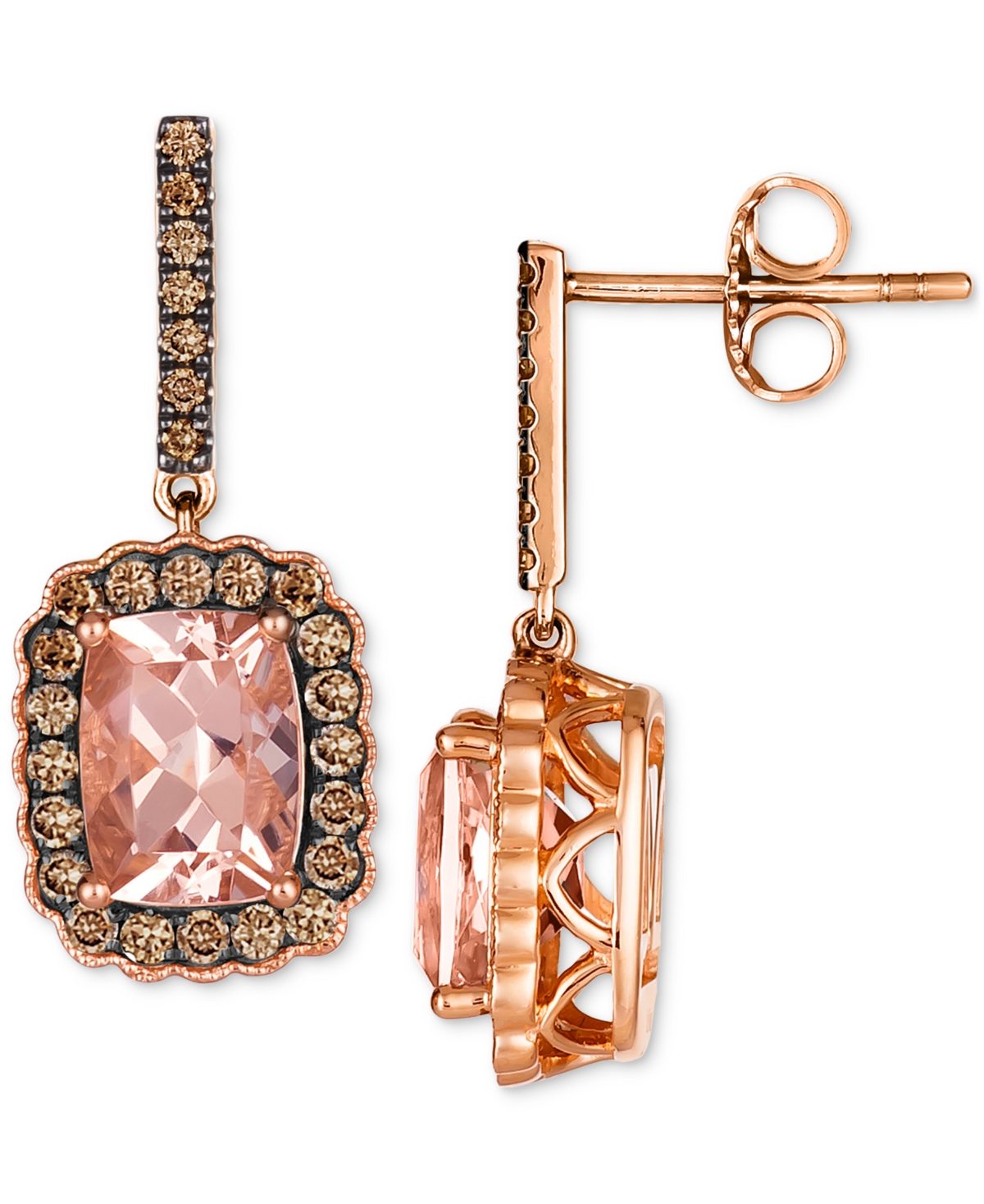 Le Vian Chocolatier Peach Morganite (2-1/8 ct. t.w.) & Chocolate Diamond (1/2 ct. t.w.) Halo Drop Earrings in 14k Rose Gold - 14K Strawberry Gold Earr