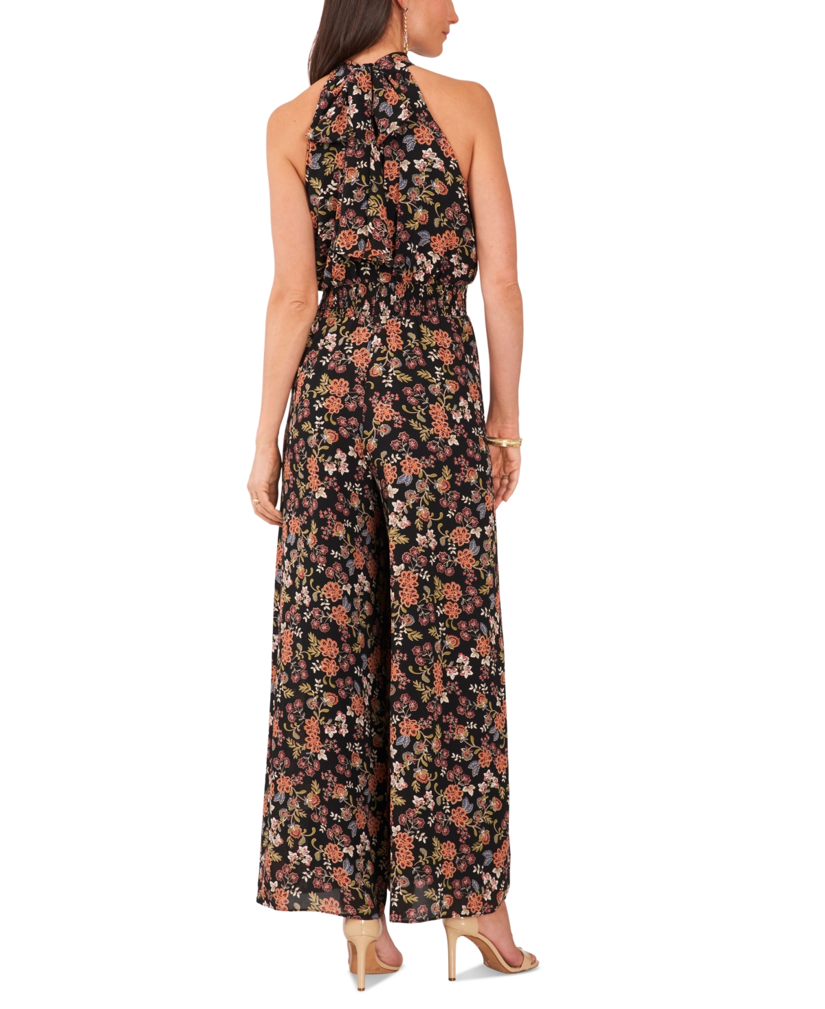 Vince Camuto Women's Smocked-Waist Wide-Leg Halter Tie-Back Jumpsuit