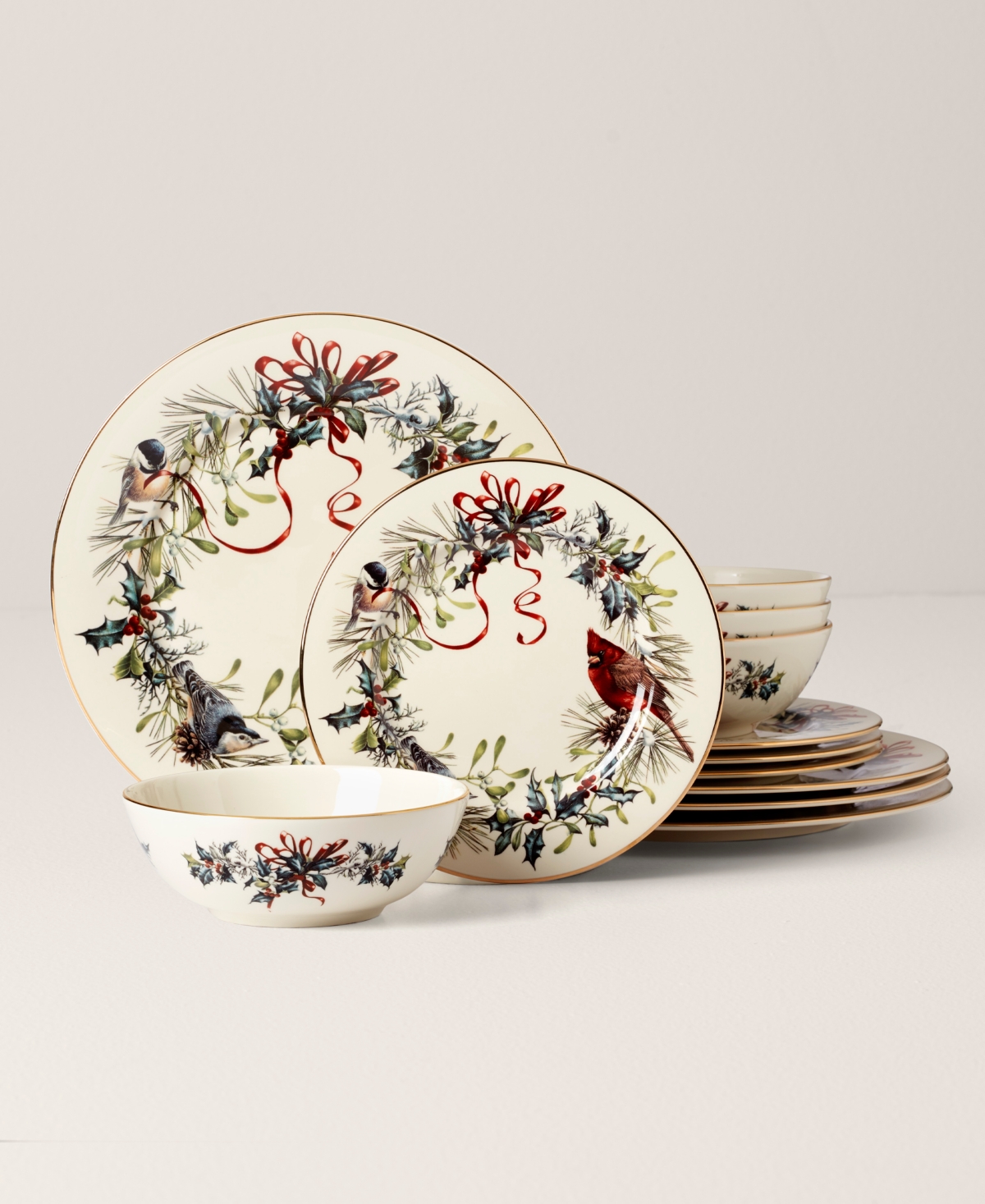 Lenox Winter Greetings 12 Pc. Dinnerware Set, Service For 4 In Red Green And Ivory