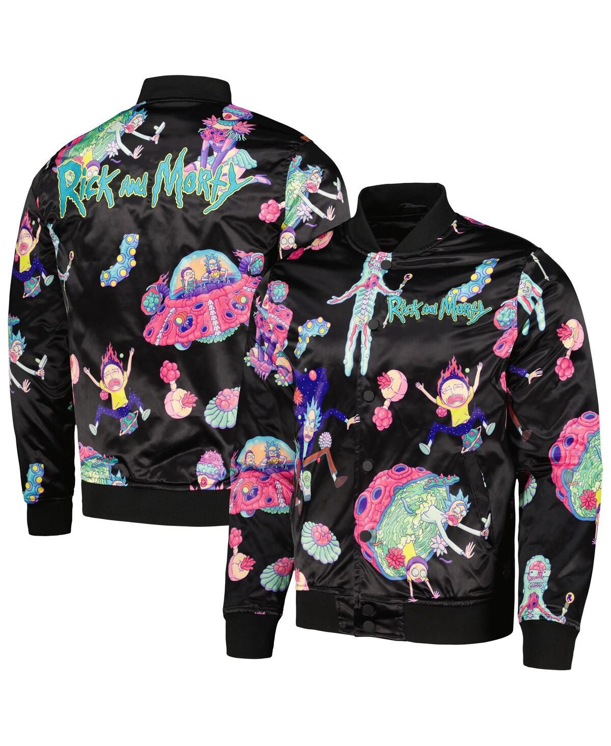 Мужская черная атласная куртка на молнии с рисунком Рика и Морти из атласа