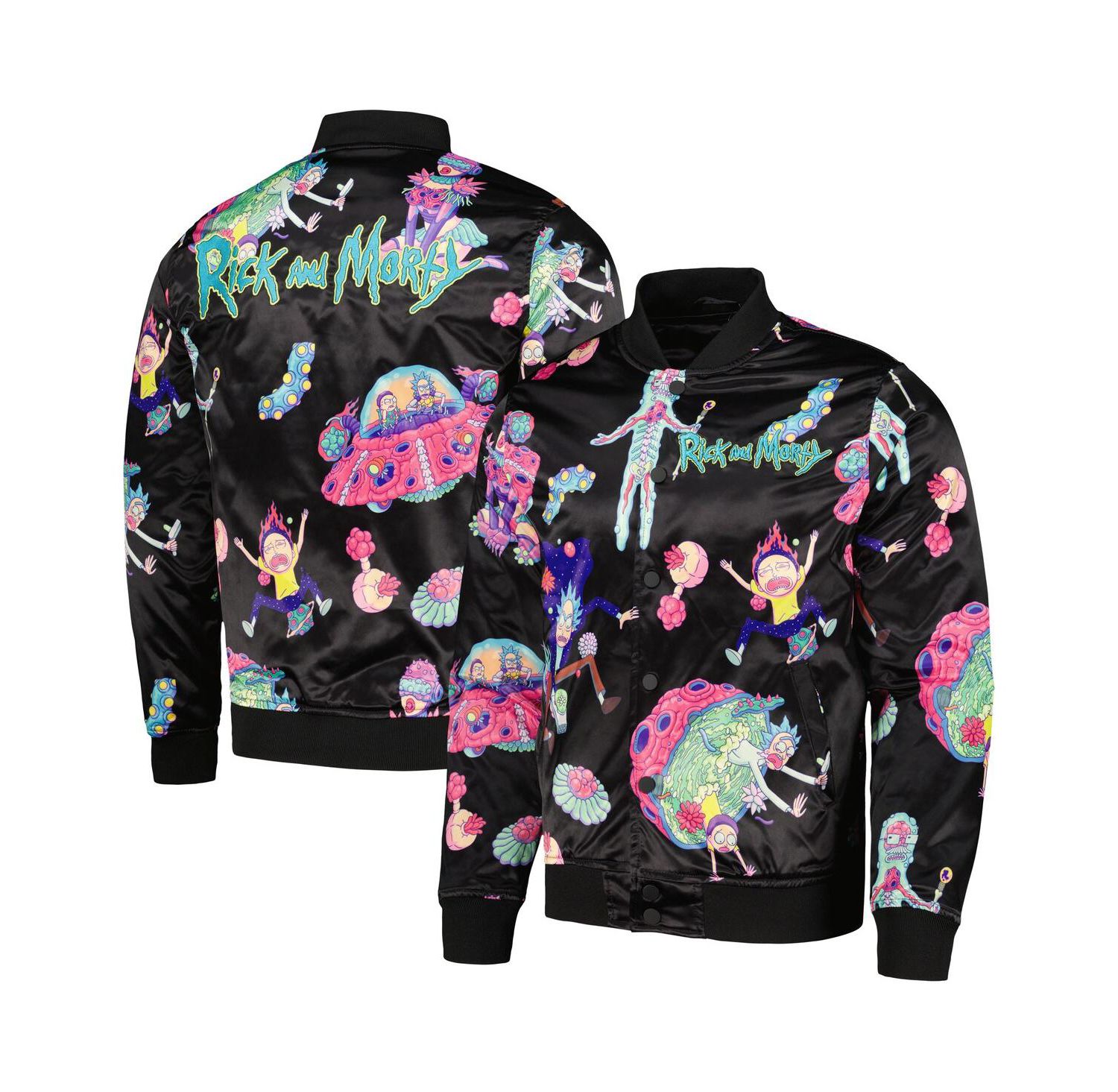 Men's Black Rick And Morty Graphic Satin Full-Snap Jacket