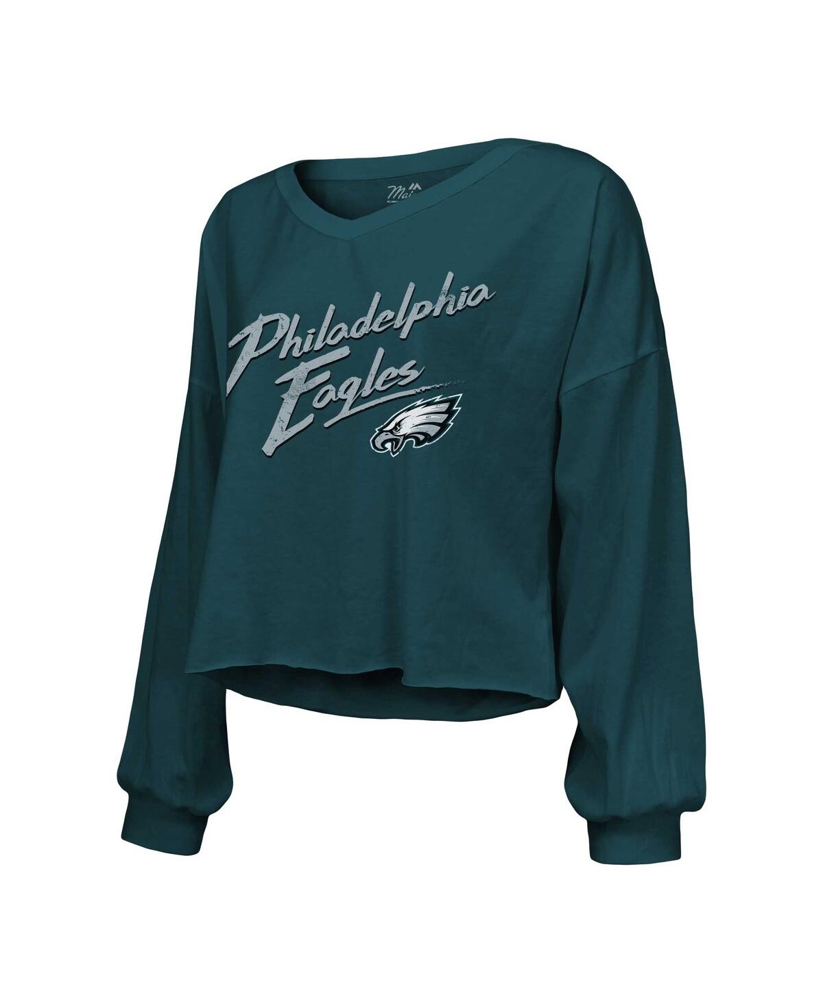 Women's Majestic Threads Jalen Hurts MidnightPhiladelphia Eagles Name and Number Off-Shoulder Script Cropped Long Sleeve V-Neck T-shirt - Green
