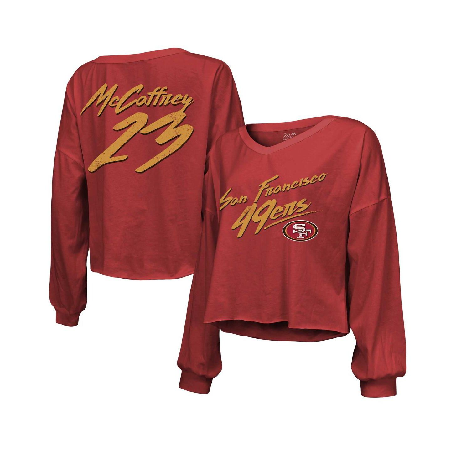 Женская футболка Majestic Threads Christian McCaffrey Scarlet San Francisco 49ers Name and Number Off-Shoulder Script Cropped Long Sleeve V-Neck — фото 1
