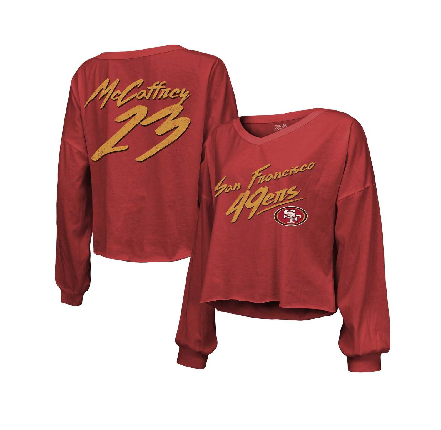 Women's Threads Christian McCaffrey Scarlet San Francisco 49ers Name and Number Off-Shoulder Script Cropped Long Sleeve V-Neck T-shirt