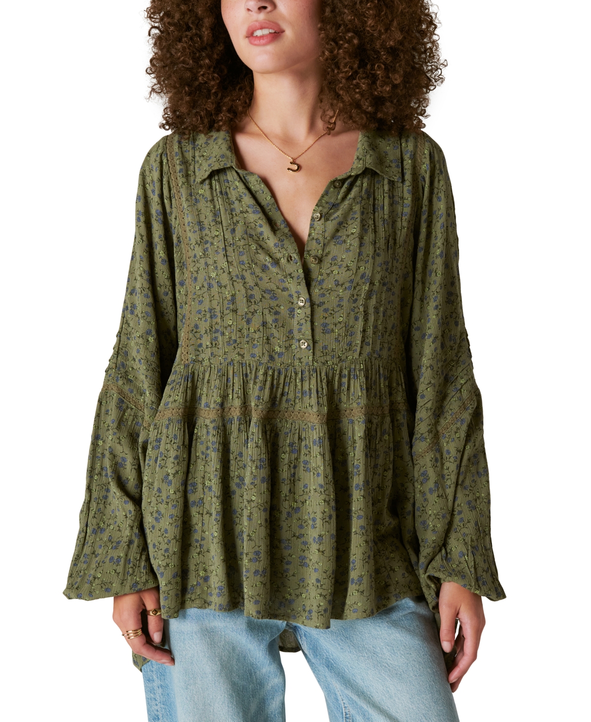 Lucky Brand Lace-Up Cotton Peasant Blouse in Olive