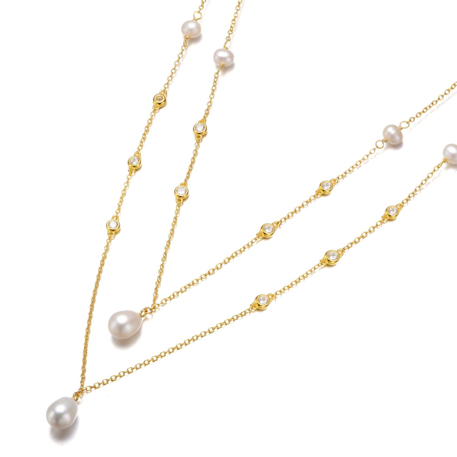 Sterling Silver 14K Gold Plated Freshwater Pearl Layered Necklace