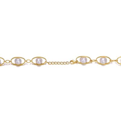 Sterling Silver 14K Gold Plated Genuine Freshwater Pearl and Cubic Zirconia Link Oval Spring Adjustable Bracelet