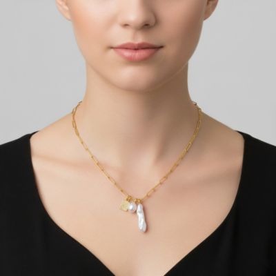Sterling Silver 14K Gold Plated Genuine Freshwater Pearl and Cubic Zirconia Lobster Claw Link Necklace