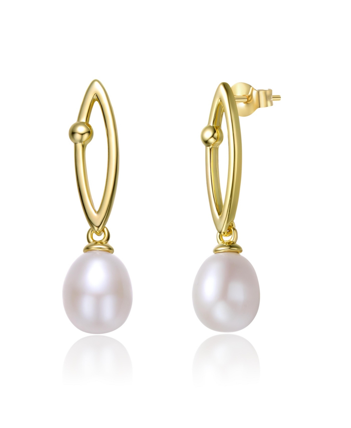 Sterling Silver 14k Yellow Gold Plated with Freshwater Pearl & Cubic Zirconia Oblong Marquise Drop Earrings - Gold