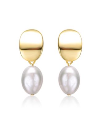 Sterling Silver 14k Yellow Gold Plated Oval White Freshwater Pearl Drop Medallion Dangle Earrings