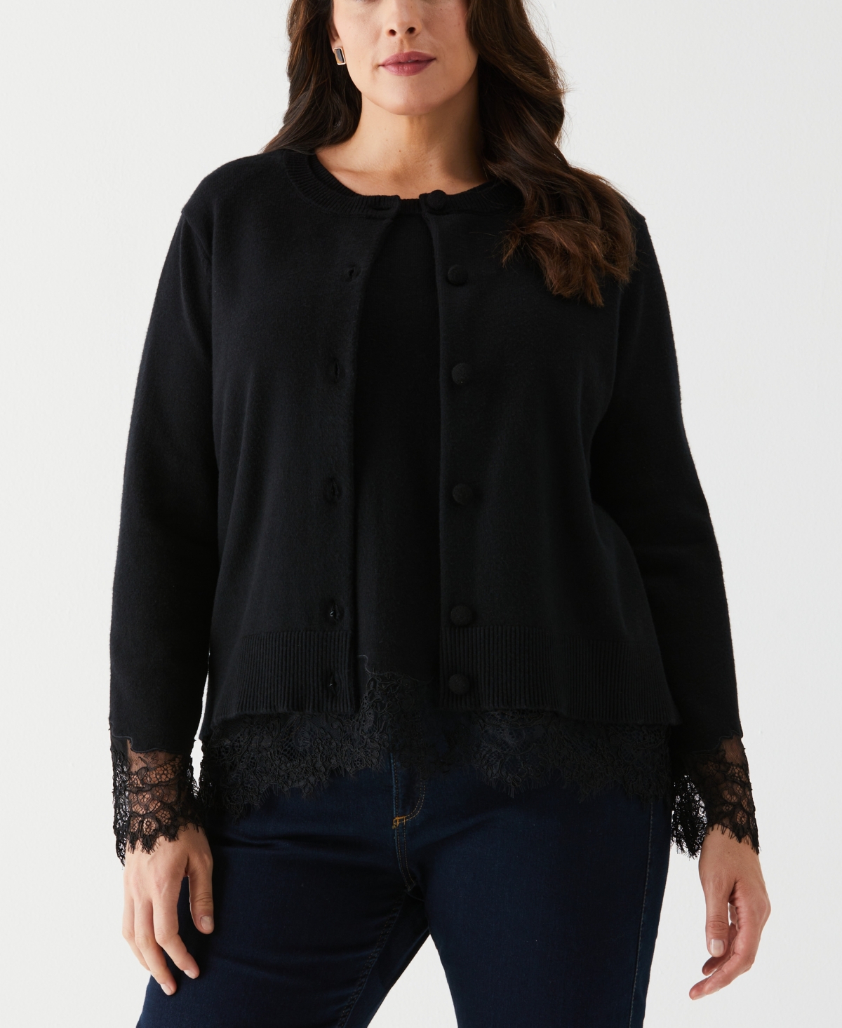 Plus Size Lace Trim Long Sleeve Button Cardigan Sweater - Black