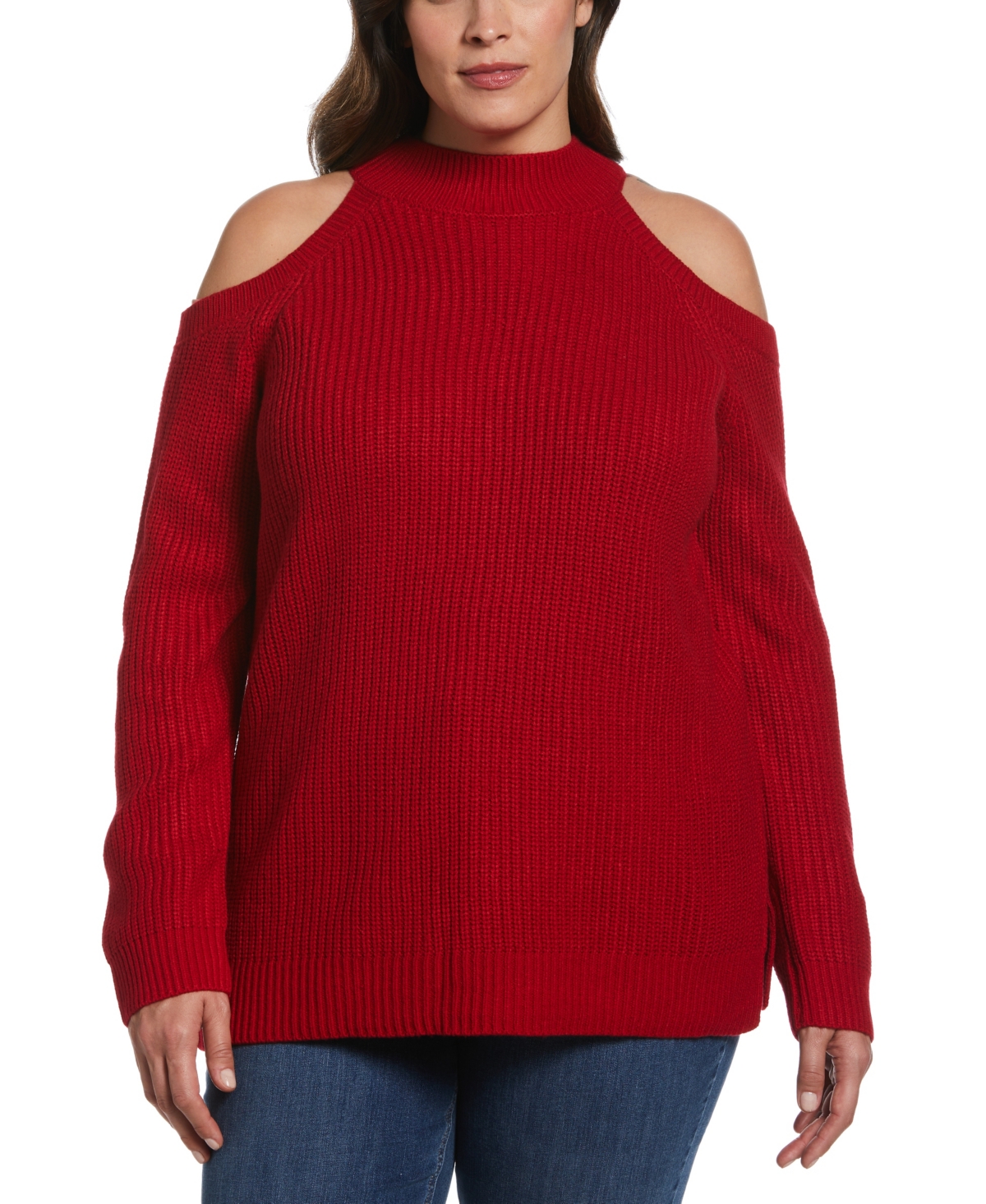 Plus Size Cold Shoulder Long Sleeve Tunic Sweater - Ruby